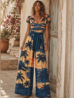 🌟B690. Boho Chic Palm Print Wide Leg Jumpsuit